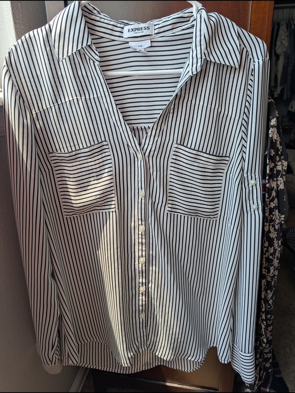 Express Black and White Vertical Stripe Button-Down Shirt